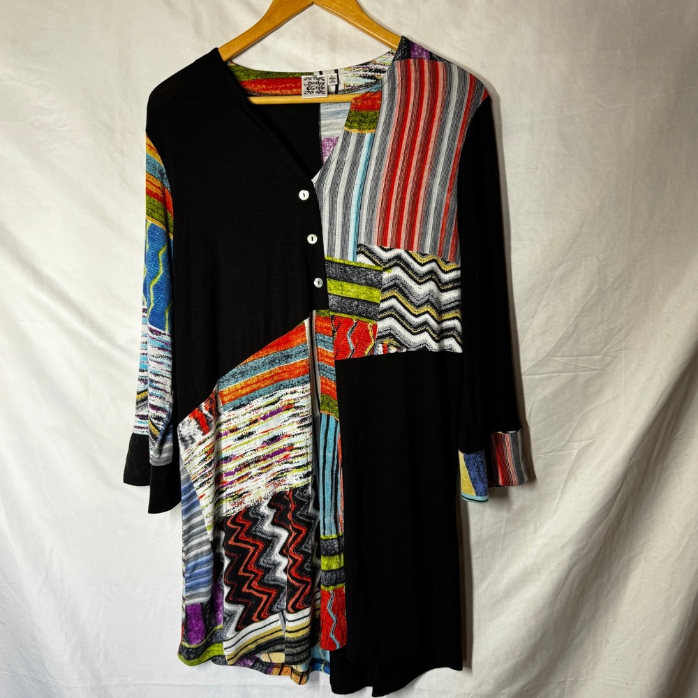 Parsley Sage Women's Patchwork Long Sleeve V Neck Button Up Tunic Dress Size L